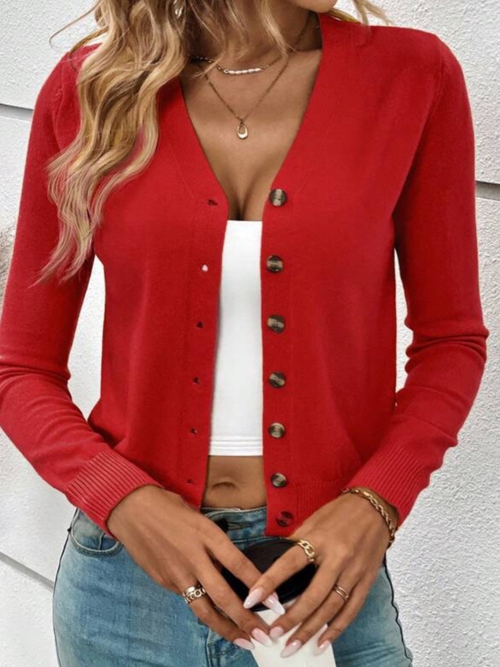 Red Button-Front Women's Cardigan Sweater